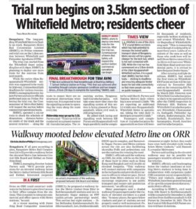 Trial rum begins on 305km section of whitefield metro