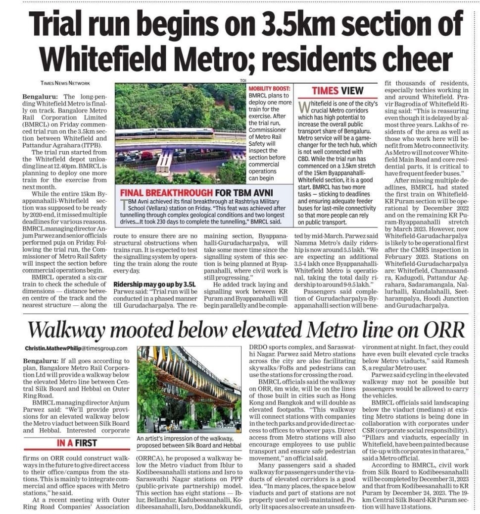Trial rum begins on 305km section of whitefield metro
