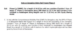 Note on Bangalore Metro Rail Project Phase-3