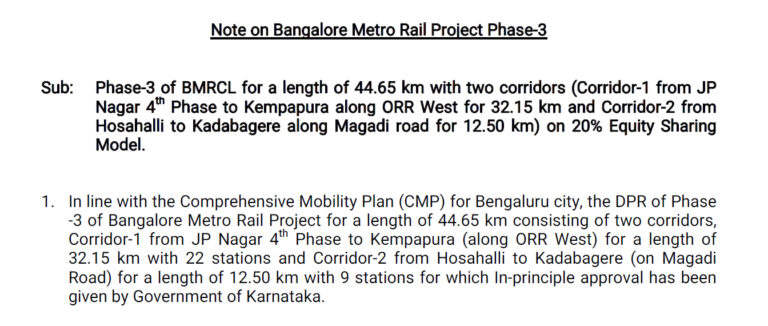 Note on Bangalore Metro Rail Project Phase-3
