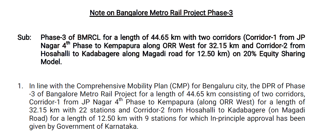 Note on Bangalore Metro Rail Project Phase-3