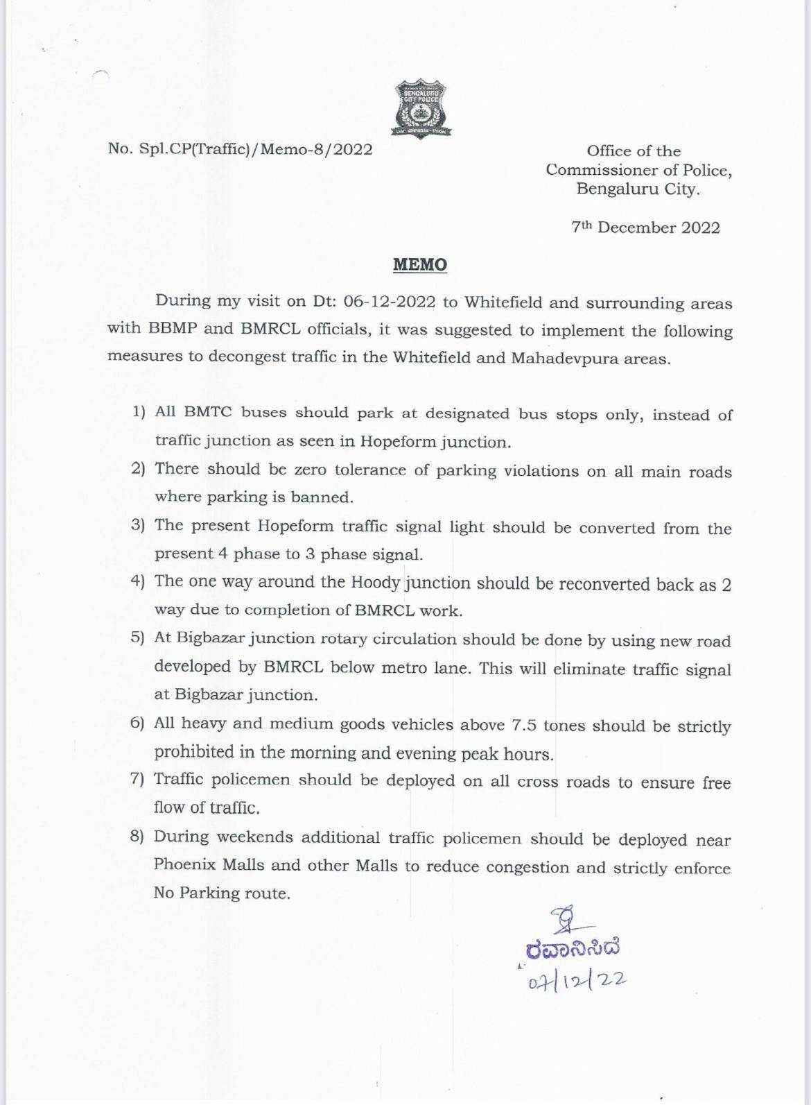 Traffic Measures for Whitefield and arterial areas